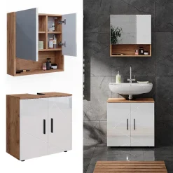 Vicco Ensemble meubles bain Blanc brillant/Chêne doré 2 pièces, armoire basse 60 cm