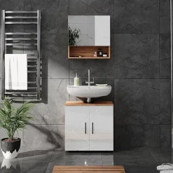 Vicco Ensemble meubles bain Blanc brillant/Chêne doré 2 pièces, armoire basse 60 cm