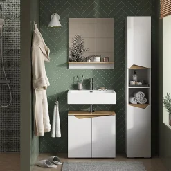 Vicco Meuble salle de bain Blanc 30x180cm avec portes, et compartiments ouverts