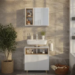 Vicco Meubles bain blanc/chêne avec armoire à glace et meuble bas