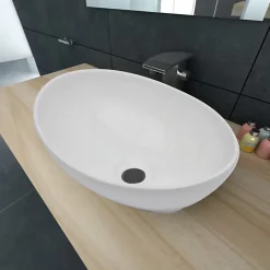vidaXL Lavabo en Forme Ovale Céramique Blanc Lave-mains Vasque Salle de Bain 140674