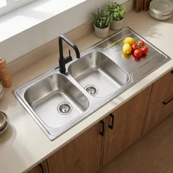 Évier en inox finition nid d'abeille 2 bacs à encastrer Lyell
