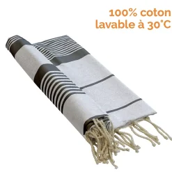 Véritable fouta Tunisienne 1m x 2m tissage à plat 100% coton 380g - Blanc cassé et gris foncé - Vivezen