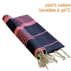 Véritable fouta Tunisienne 1m x 2m tissage à plat 100% coton 380g - Gris foncé et rose - Vivezen