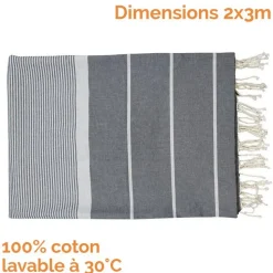 Véritable fouta Tunisienne XXL 2m x 3m tissage à plat 100% coton 380g - Gris foncé et gris clair - Vivezen