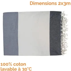 Véritable fouta Tunisienne XXL 2m x 3m tissage à plat 100% coton 380g - Gris et beige - Vivezen