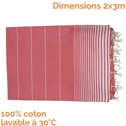 Véritable fouta Tunisienne XXL 2m x 3m tissage à plat 100% coton 380g - Rouge vermeil et blanc - Vivezen