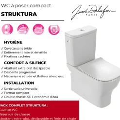 WC à poser compact sans bride sortie universelle JACOB DELAFON avec abattant extra-plat, déclipsable et frein de chute