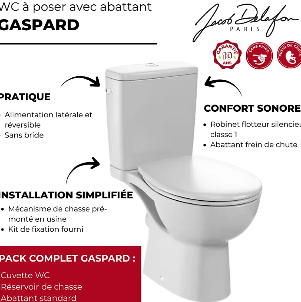 WC à poser sans bride sortie horizontale JACOB DELAFON Gaspard avec abattant frein de chute déclipsable + Tabouret blanc