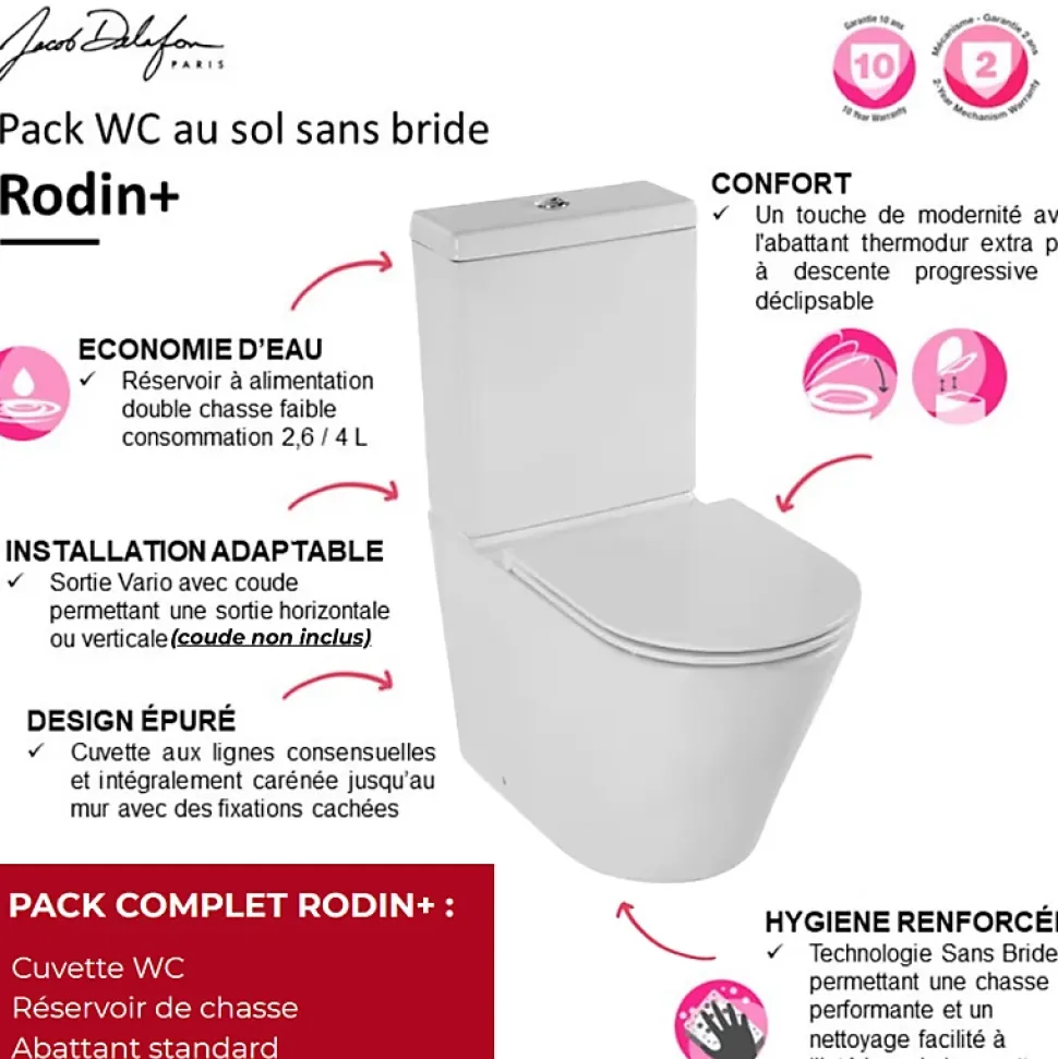 WC à poser sans bride sortie universelle JACOB DELAFON Rodin+ avec abattant frein de chute + nettoyant