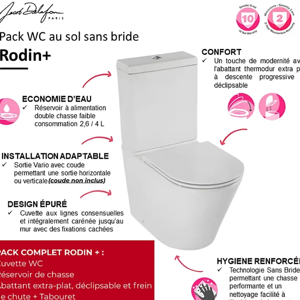 WC à poser sans bride sortie universelle JACOB DELAFON Rodin+ avec abattant frein de chute + tabouret physiologique blanc