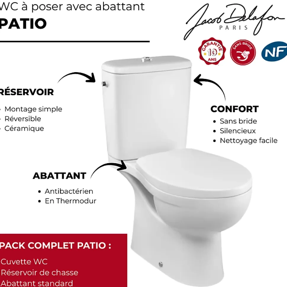 WC à poser sans bride sortie horizontale JACOB DELAFON Patio avec abattant standard