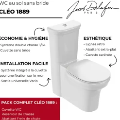 WC à poser sans bride sortie universelle JACOB DELAFON Cléo 1889 avec abattant extra-plat frein de chute