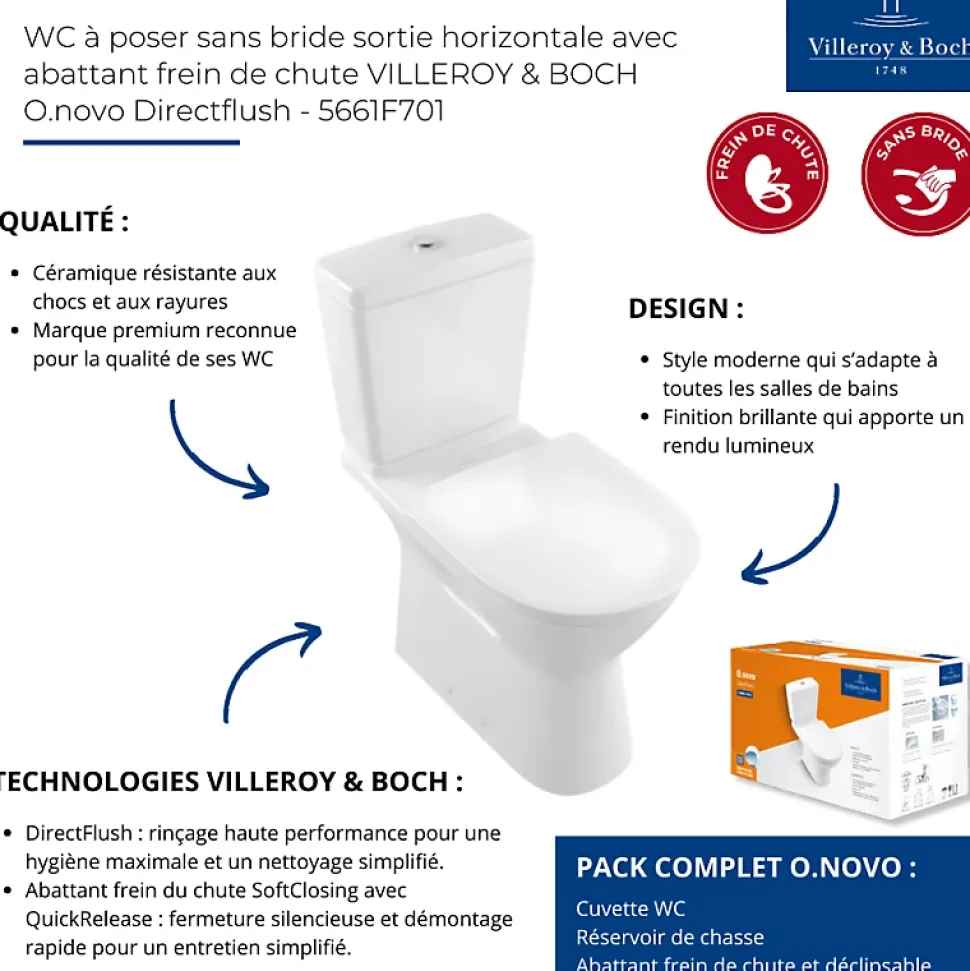 WC à poser sans bride sortie horizontale VILLEROY & BOCH O.novo Directflush avec abattant frein de chute + nettoyant