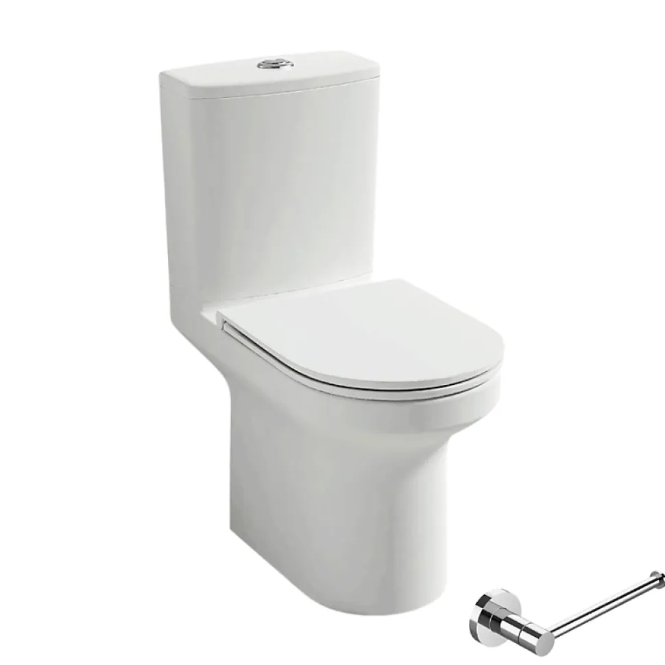 WC à poser sans bride sortie horizontale JACOB DELAFON Elite avec abattant frein de chute + Porte-rouleau rond Chromé