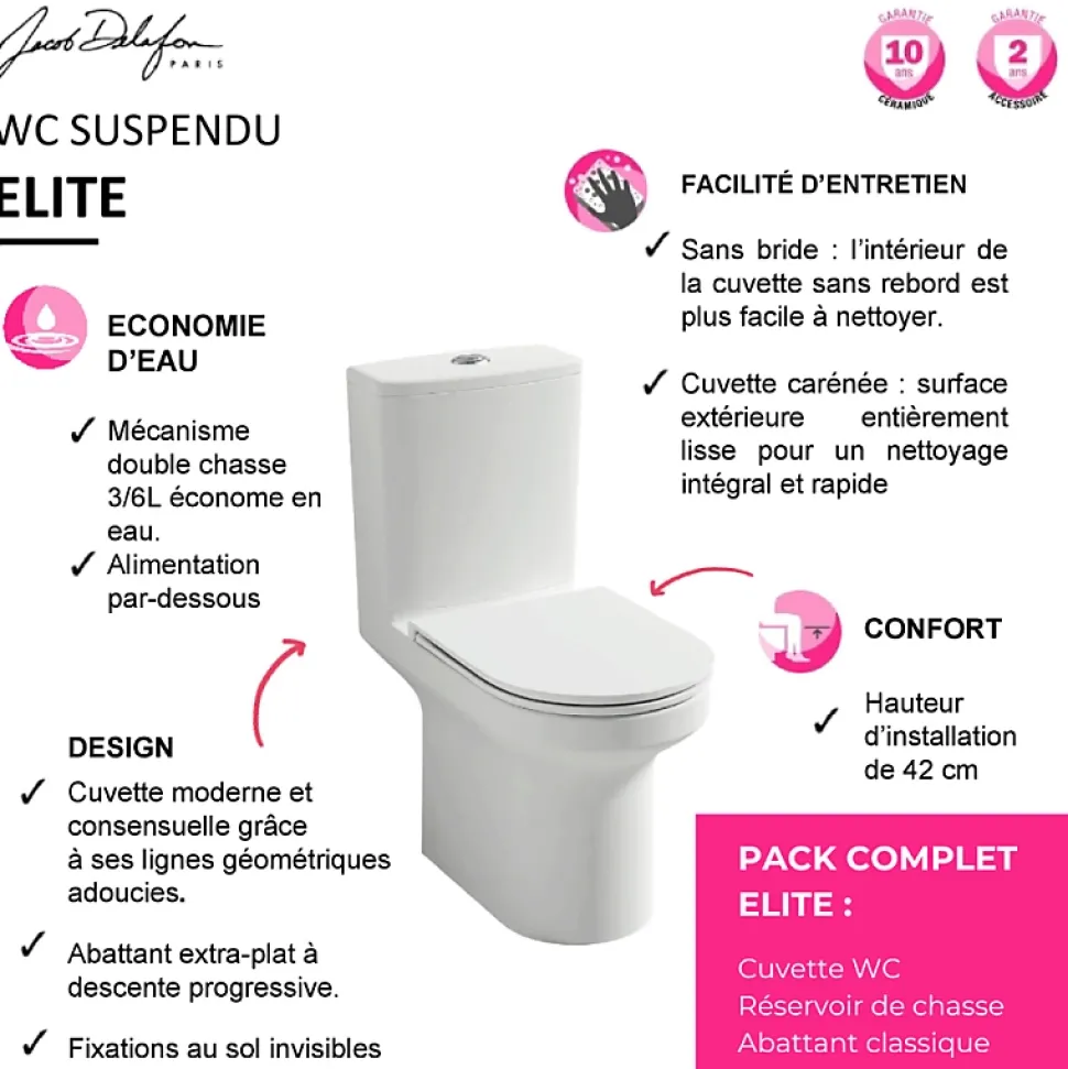 WC à poser sans bride sortie horizontale JACOB DELAFON Elite avec abattant frein de chute + Porte-rouleau rond Chromé