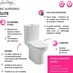 WC à poser sans bride sortie horizontale JACOB DELAFON Elite avec abattant frein de chute + Porte-rouleau Moderne Chromé