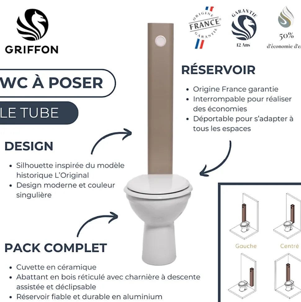 WC à poser sortie horizontale GRIFFON 1950 Le Tube avec abattant frein de chute Sable brut