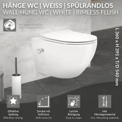 WC suspendu en céramique cuvette sans rebord long fonction bidet avec siège