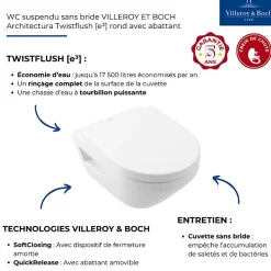 WC suspendu sans bride VILLEROY ET BOCH Architectura Twistflush rond avec abattant