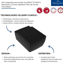 WC suspendu sans bride VILLEROY ET BOCH Memento 2.0 avec abattant Pure Black