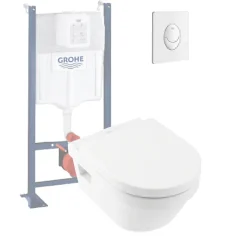 WC suspendu sans bride VILLEROY ET BOCH Architectura + abattant + bati support GROHE + plaque de commande blanche