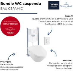 WC suspendu sans bride VILLEROY ET BOCH Architectura + abattant + bati support GROHE + plaque de commande blanche