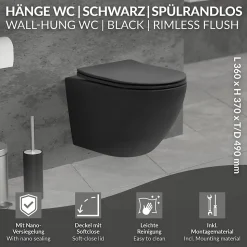 WC suspendu sans rebord court nano-revêtement noir mat céramique SoftClose