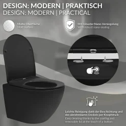 WC suspendu sans rebord court nano-revêtement noir mat céramique SoftClose