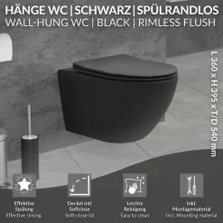 WC suspendu sans rebord long en céramique noir mat avec siège de WC Softclose