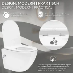 WC suspendu sans rebord nano revêtement fonction bidet blanc céramique