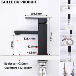 2x Robinet Salle Bain Noir acier inoxidable avec Poignée Carrée Mitigeur lavabo Eau Froide Chaude Disponible Robinetterie