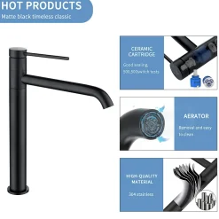 2x Robinet Salle de Bain Haut Bec Pivotant Vasque Mitigeur de Lavabo Noir Mat Robinet en Inox SS304 pour Salle de Bain