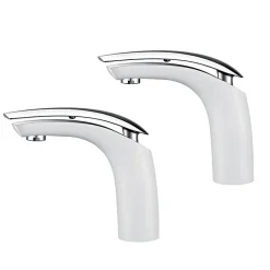 2x Robinets Salle de Bain Mitigeur de Lavabo en Laiton de Qualité Blanc Chromé Robinetterie pour Lavabo Hauteur sous Bec 125mm