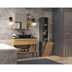YANA - Meuble salle de bain avec panier à linge - 31x30x174 cm - Colonne rangement SDB
