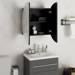ZMH Armoire de salle de bain miroir rond et LED Noir 47x47x17,5 cm