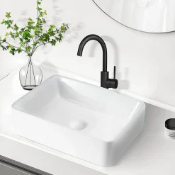 ZMH Lavabo Carré Céramique à Poser, 48x37x13,5cm, Finition Nano Effet Lotus, Blanc