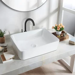 ZMH Lavabo Carré Céramique à Poser, 48x37x13,5cm, Finition Nano Effet Lotus, Blanc