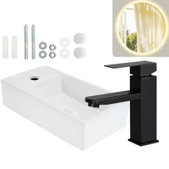 ZMH Lavabo Carré En Céramique à Poser, 40x22x10cm, Blanc, Avec Trou Pour Robinet.